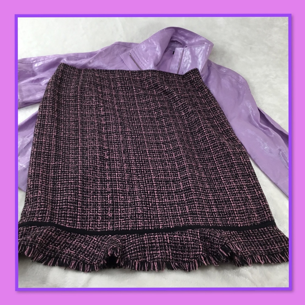 600 WEST PENCIL SKIRT PINK & BLACK PLAID FRINGE 14